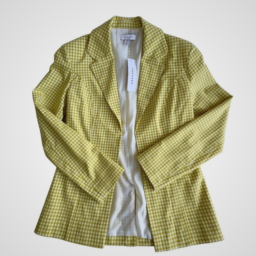 Topshop Gingham Blazer Yellow White Checkered Retro Preppy Cottagecore US 0